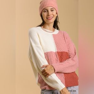 Color Block Boatneck Chenille Cable Knit Pullover Sweater